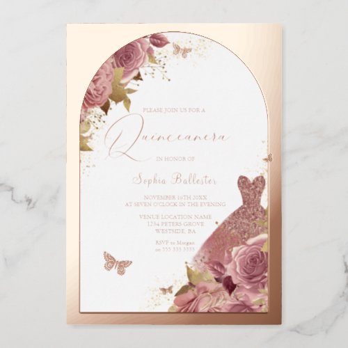 Magical Dress Enchanted Quinceanera Rose Gold Foil Invitation