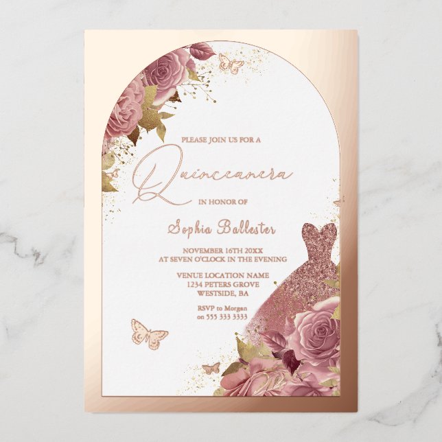 Magical Dress Enchanted Quinceanera Rose Gold Foil Invitation (Front)