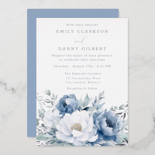 Magical Dusty Blue  White Floral Wedding Silver Foil Invitation