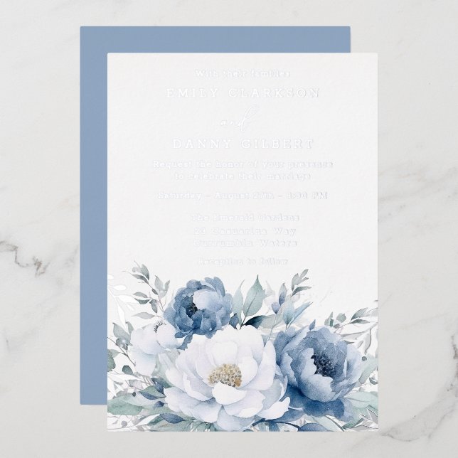 Magical Dusty Blue & White Floral Wedding Silver Foil Invitation (Front/Back)