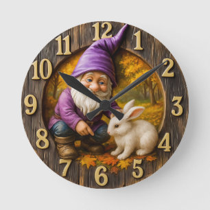 Magical dwarf & rabbit in autumn woods round clock