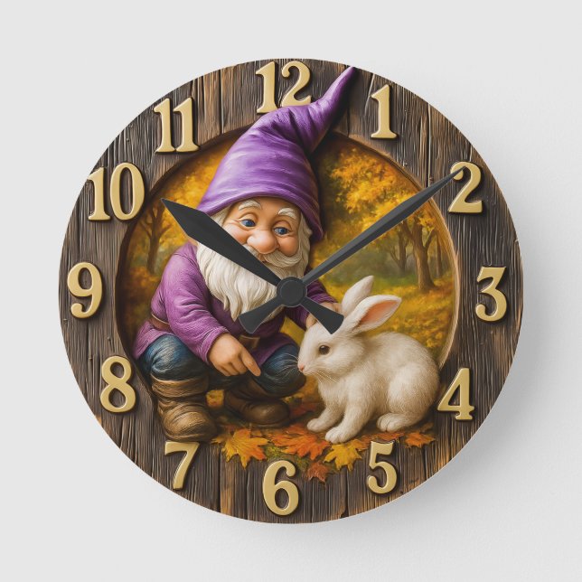 Magical dwarf & rabbit in autumn woods round clock (Front)