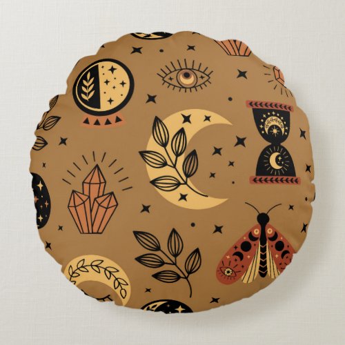 Magical Elements Enchanting Seamless Pattern Round Pillow