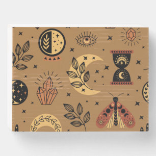 Magical Elements: Enchanting Seamless Pattern Wooden Box Sign