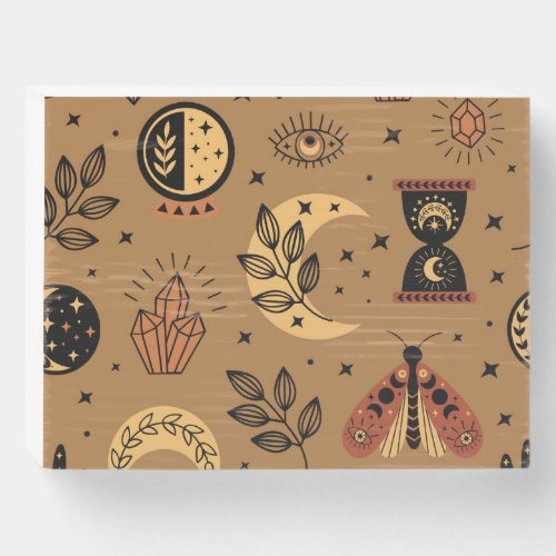 Magical Elements Enchanting Seamless Pattern Wooden Box Sign