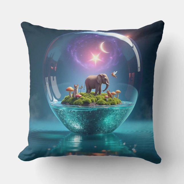 Magical Elephant in a Cosmic Glass Sphere" Throw Pillow (Front)