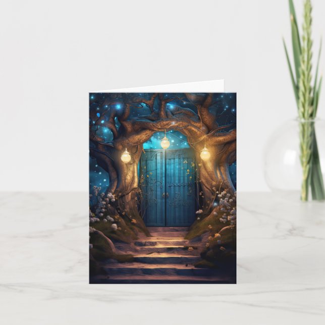 Magical Enchanted Fantasy Forest Old Blue Door Card (Front)