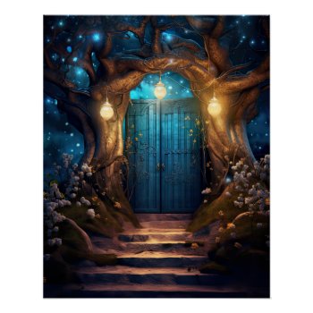 Magical Enchanted Fantasy Forest Old Blue Door Poster by azlaird at Zazzle