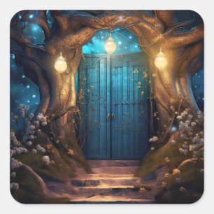 Magical Enchanted Fantasy Forest Old Blue Door Square Sticker