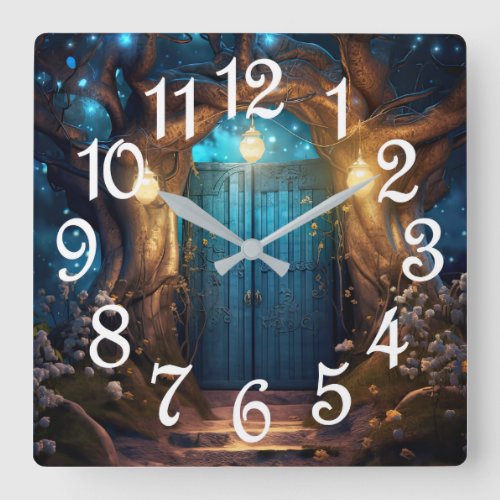 Magical Enchanted Forest Fantasy Antique Door Square Wall Clock