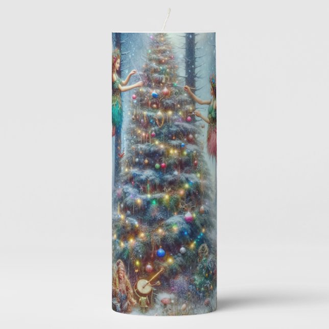 Magical Fairies and Elves Christmas Tree Pillar Candle (Front)