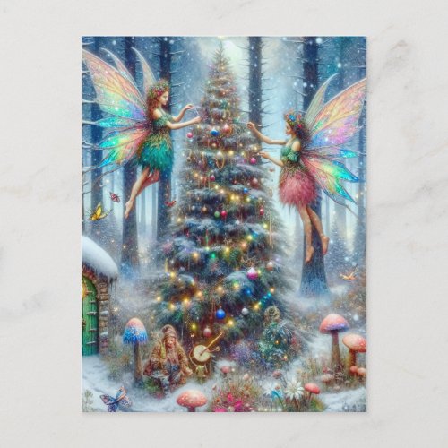 Magical Fairies and Elves Christmas Tree Postcard