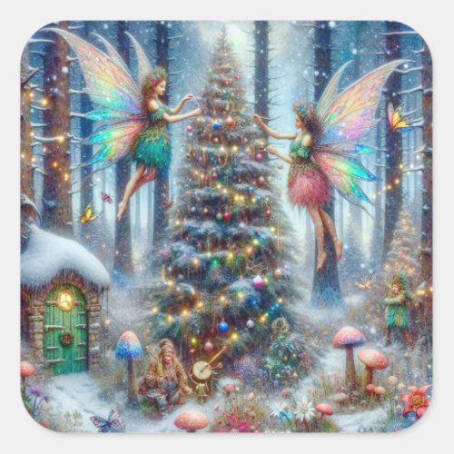 Magical Fairies and Elves Christmas Tree Square Sticker