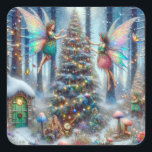 Magical Fairies and Elves Christmas Tree Square Sticker<br><div class="desc">Fairytale art depicting two fairies and two elves decorating a whimsical Christmas tree in the magical forest in an ai watercolor art form.</div>