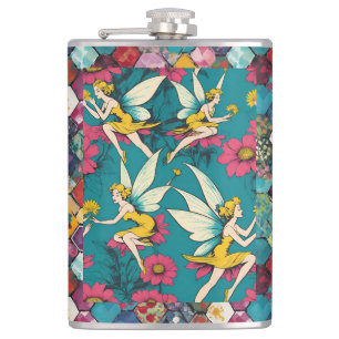 Magical Fairies And Floral Hexagon Patchwork Flask
