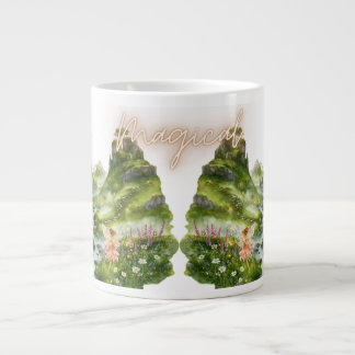 Magical Fairies & Green Hills Watercolor Fantasy Giant Coffee Mug