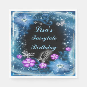 Magical Fairy And Butterflies Blue Floral Birthday Napkins
