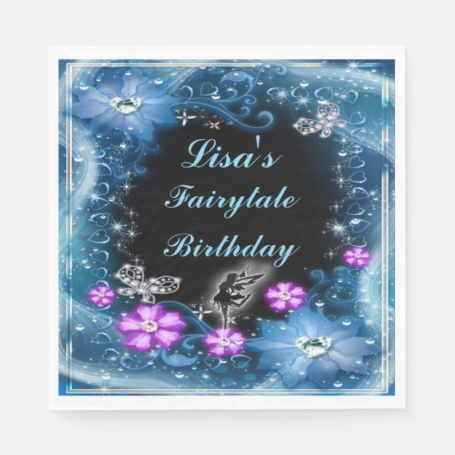 Magical Fairy And Butterflies Blue Floral Birthday Napkins (Front)