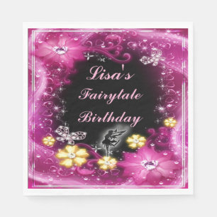 Magical Fairy And Butterflies Pink Floral Birthday Napkins