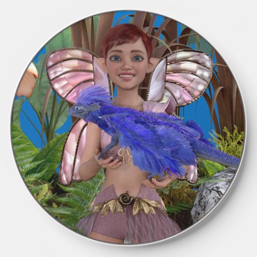 Magical fairy Avery holding blue pixie dragon Wireless Charger