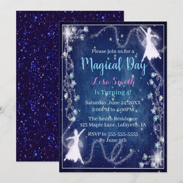 Magical Fairy Blue Starry Night Birthday Party Invitation (Front/Back)