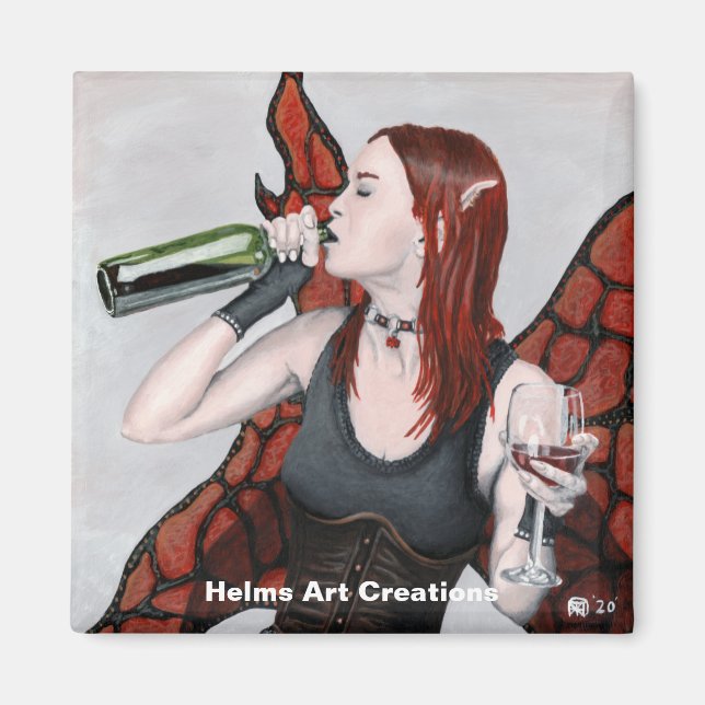 Magical Fairy Drinking Wine Fantasy Button Magnet (Front)
