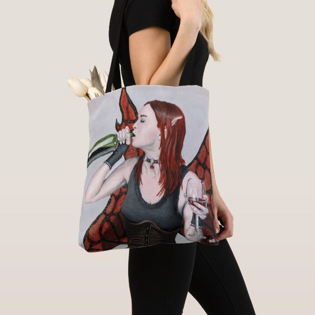 Magical Fairy Drinking Wine Fantasy Graphic Tote Bag (Close Up)