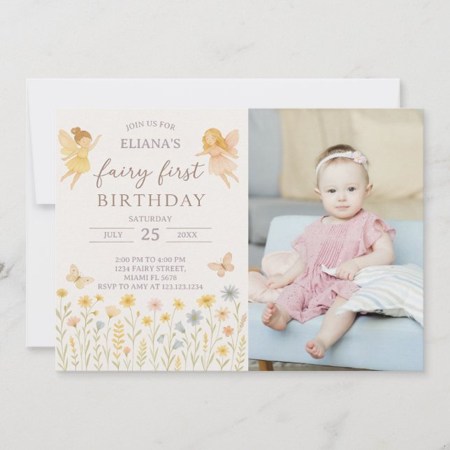 Magical Fairy First Birthday Invite with photo (Front)