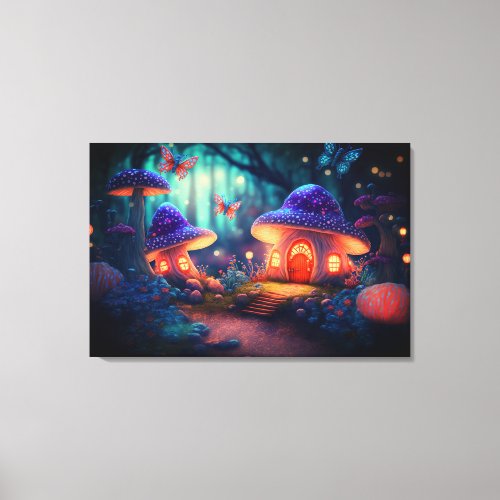 Magical Fairy Garden Butterflies Mushroom Cottages Canvas Print