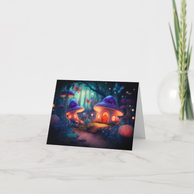 Magical Fairy Garden Butterflies Mushroom Cottages Card (Front)