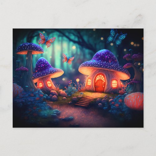 Magical Fairy Garden Butterflies Mushroom Cottages Postcard
