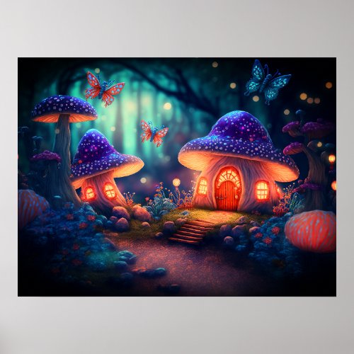 Magical Fairy Garden Butterflies Mushroom Cottages Poster