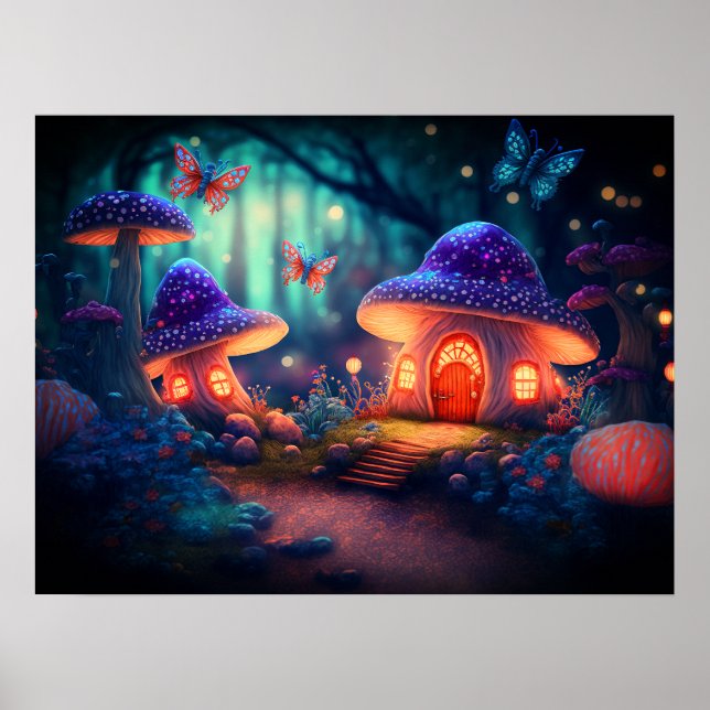 Magical Fairy Garden Butterflies Mushroom Cottages Poster (Front)