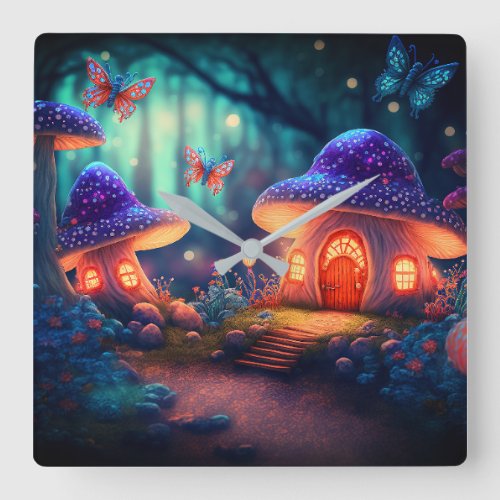 Magical Fairy Garden Butterflies Mushroom Cottages Square Wall Clock