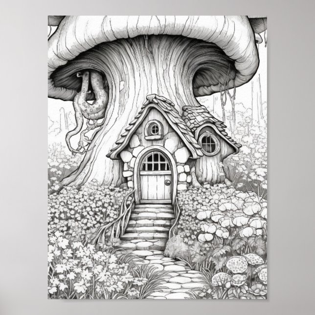 Magical Fairy Houses Adult Coloring Poster (Front)