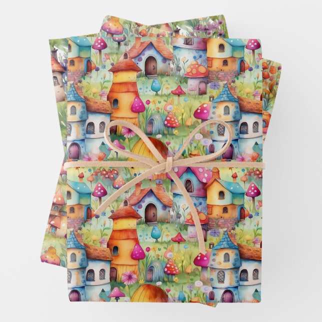 MAGICAL FAIRY HOUSES AND FAIRY VILLAGE GIFT WRAPPING PAPER SHEETS (In situ)