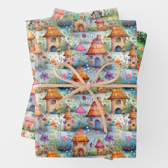 MAGICAL FAIRY HOUSES AND FAIRY VILLAGE GIFT WRAPPING PAPER SHEETS (In situ)