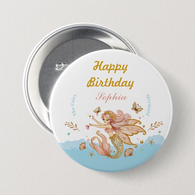 Magical Fairy Mermaid Girl's Birthday Party Button (Front & Back)
