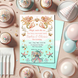 Magical Fairy Mermaid Twins Girl Birthday Party Invitation