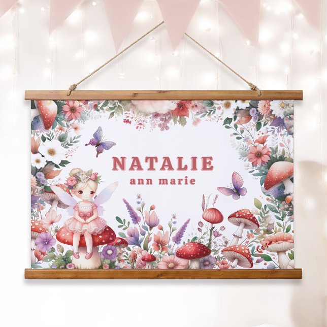 Magical Fairy Mushroom Garden Personalized Name Hanging Tapestry (Enchanted Fairycore Garden Custom Name Tapestry Wall Art Blonde Hair Fairy.)