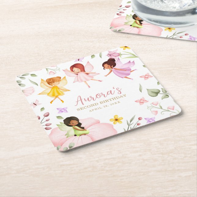 Magical Fairy Princess Enchanted Garden Birthday Square Paper Coaster (Angled)