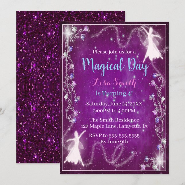 Magical Fairy Purple Starry Night Birthday Party Invitation (Front/Back)
