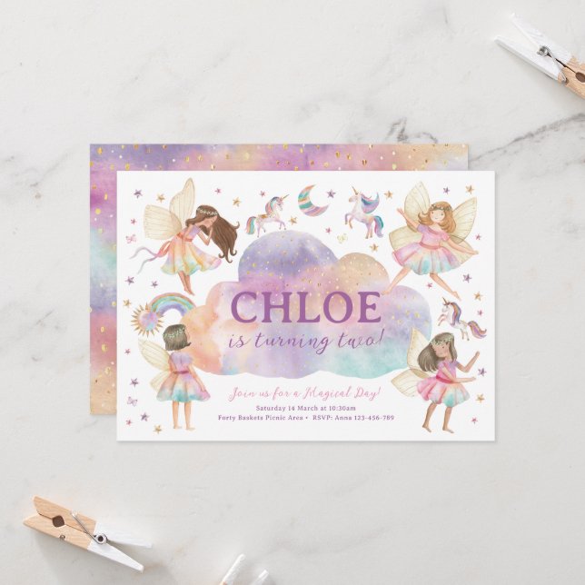 Magical Fairy Rainbow Birthday Party Invitation (Front/Back In Situ)
