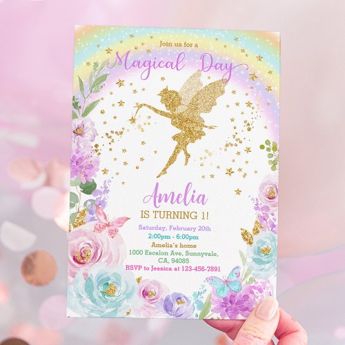 Magical Fairy Rainbow Floral Birthday Invitation