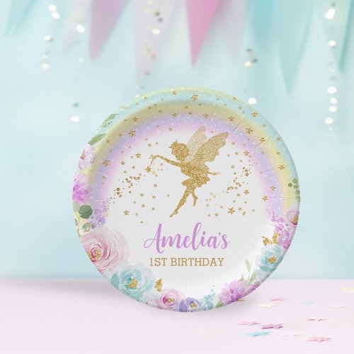 Magical Fairy Rainbow Floral Birthday Paper Plate