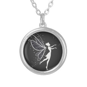 Magical Fairy Silhouette with Wings and Stars Silver Plated Necklace