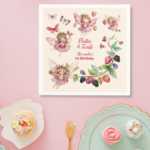 Magical Fairy Strawberry Garden Pixie 1st Birthday Napkins