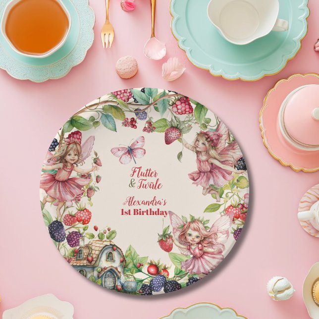 Magical Fairy Strawberry Garden Pixie 1st Birthday Paper Plates (Creator Uploaded)