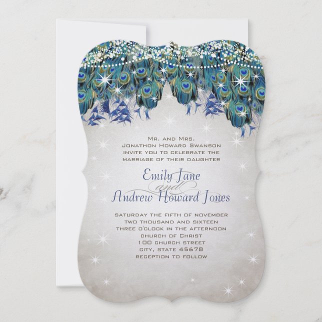 Magical Fairy Tale Lights Navy Turquoise Peacock Invitation (Front)