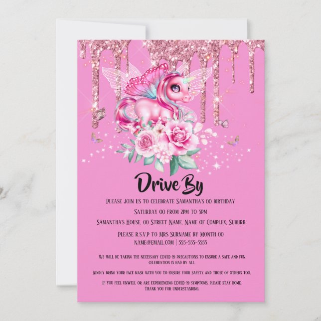 Magical fairy unicorn butterfly glitter pink rose invitation (Front)